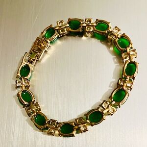 Vintage Green and Gold Women’s Tennis Bracelet Lucky Jade w/ Crystal Stone 7.5”